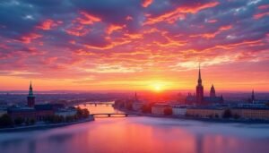 upplev magin när solen går upp över stockholm varje morgon. färgerna dansar på himlen och stadens skönhet vaknar till liv. en oförglömlig syn för alla som älskar denna fantastiska stad.