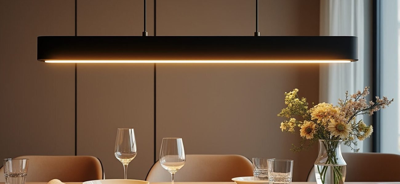 découvrez comment une lampe allongée au-dessus de la table à manger apporte une touche élégante et un éclairage parfait pour sublimer vos dîners et créer une ambiance chaleureuse.
