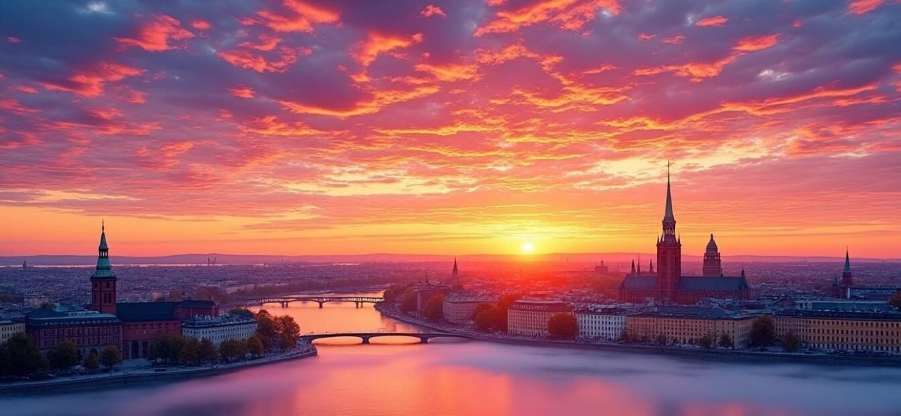upplev magin när solen går upp över stockholm varje morgon. färgerna dansar på himlen och stadens skönhet vaknar till liv. en oförglömlig syn för alla som älskar denna fantastiska stad.